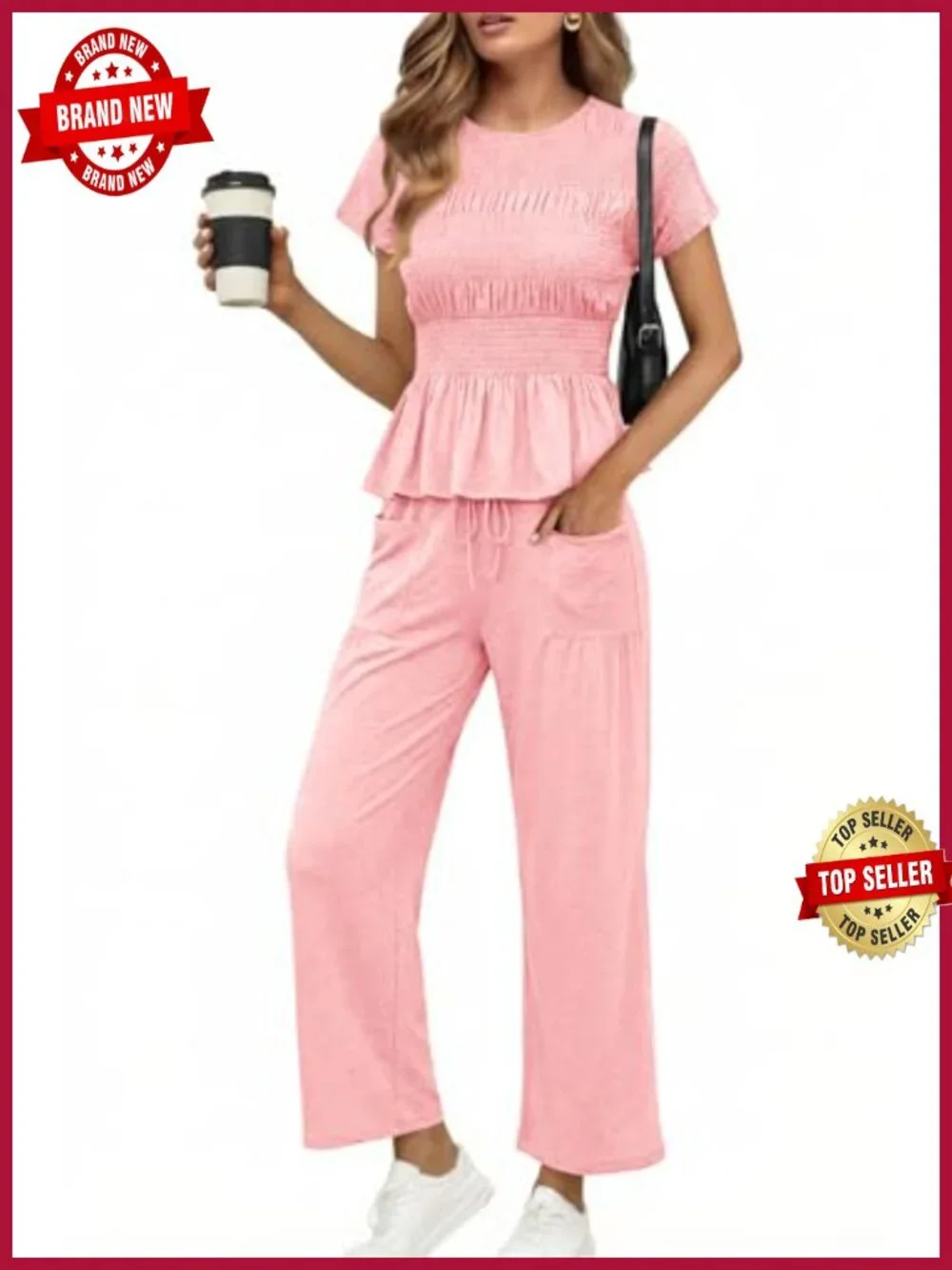 Womens 2 Piece Lounge Set Smocked Top Wide Leg Pants Ruffle Hem Summer
